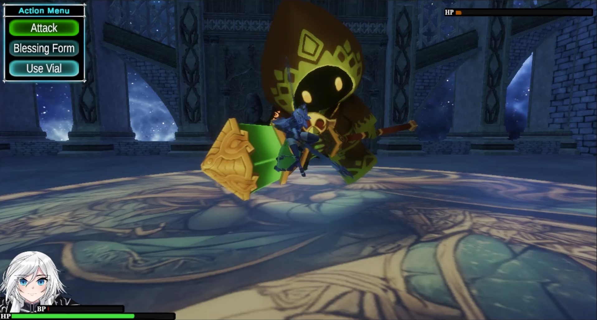 Casia facing a towering boss